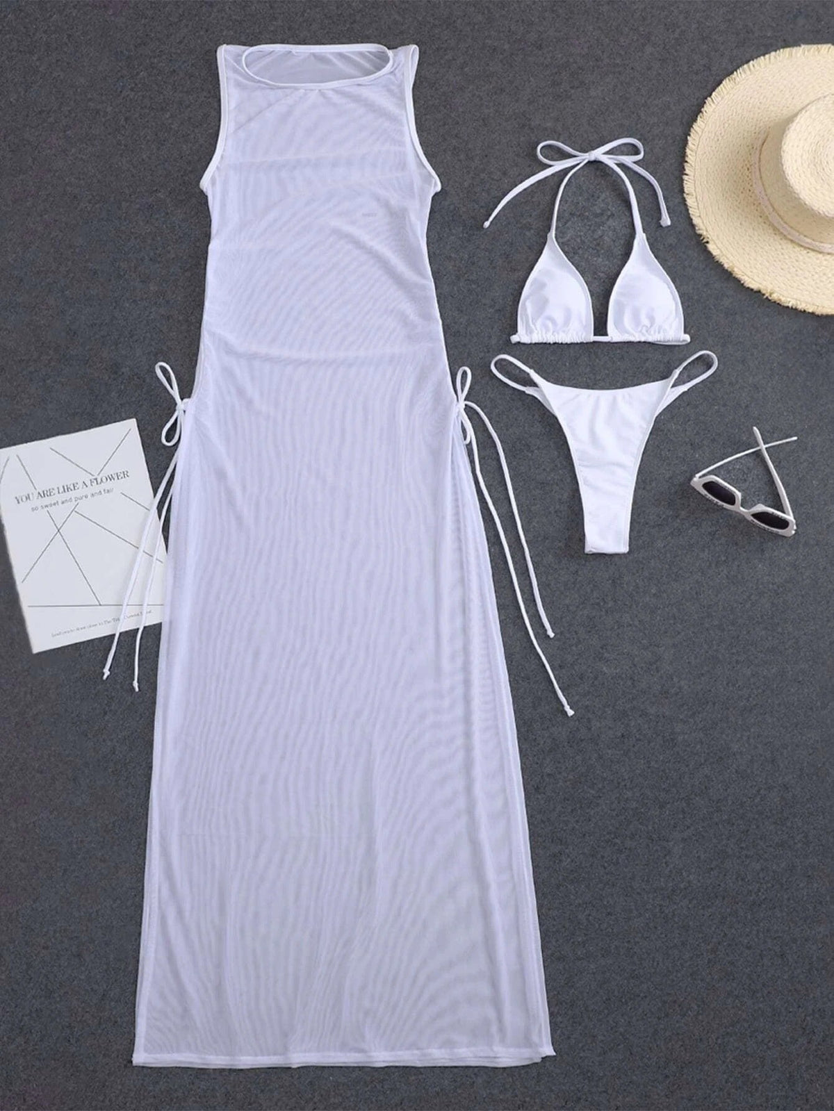 Women's Pure Color Mesh Bikini Three-piece Swimsuit