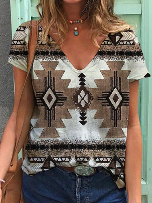 Ethnic Print V-Neck T-Shirt