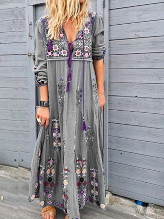 Women's retro bohemian print stitching dress