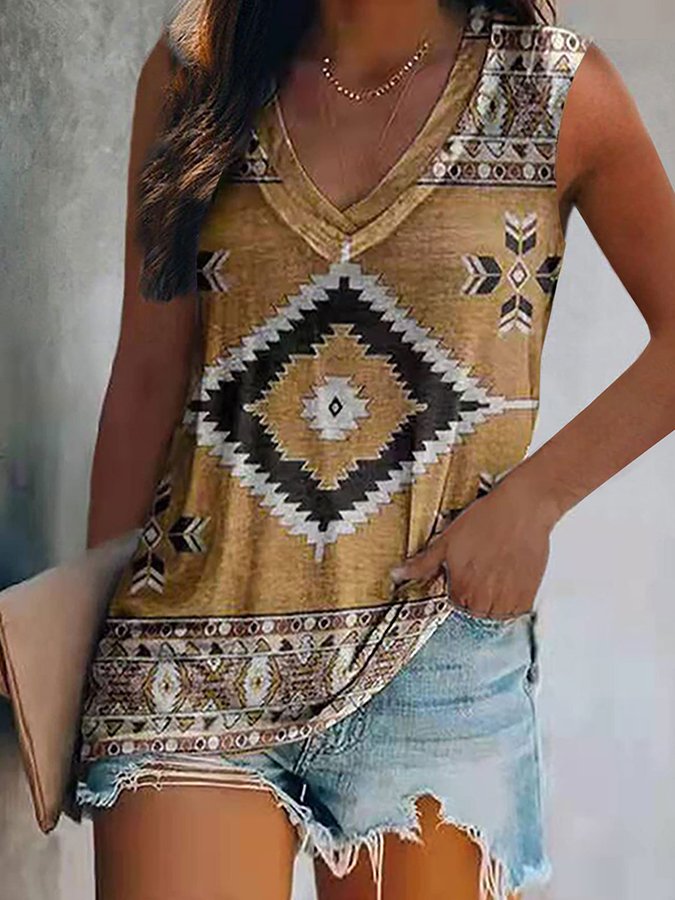 Ethnic Print V-Neck Vest