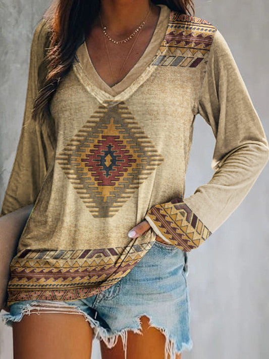 Women's western style AZTEC print V-neck T-shirt