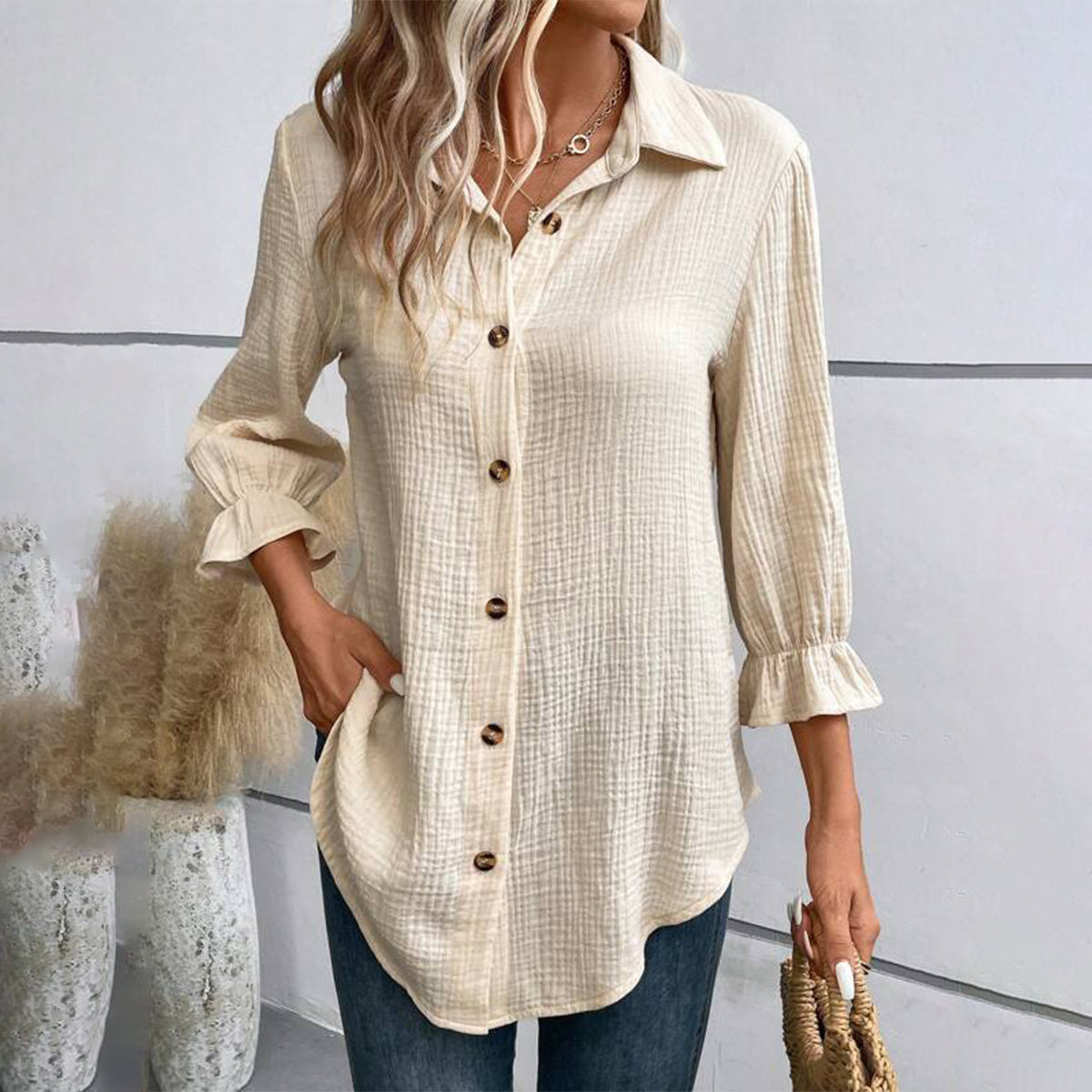 Beige 3/4 Sleeve Plain Shirt