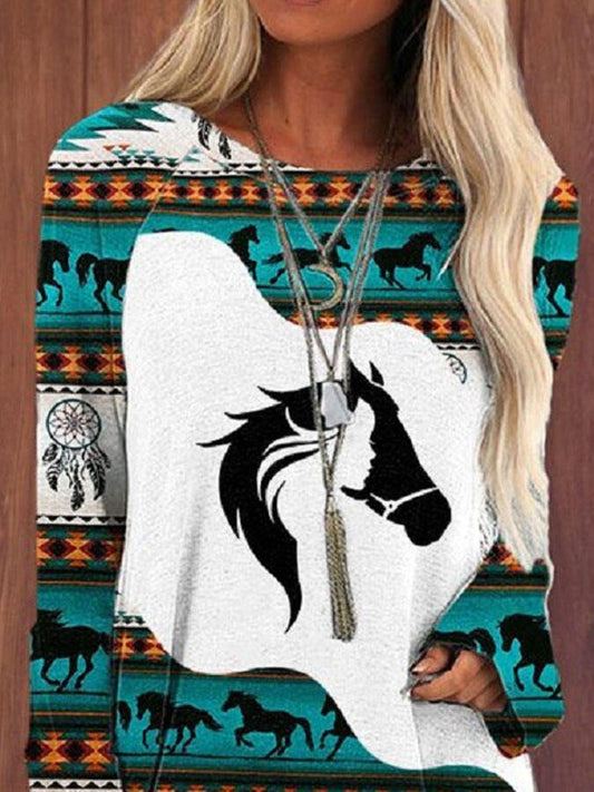 Casual Crew Neck Long Sleeve Western Print Top