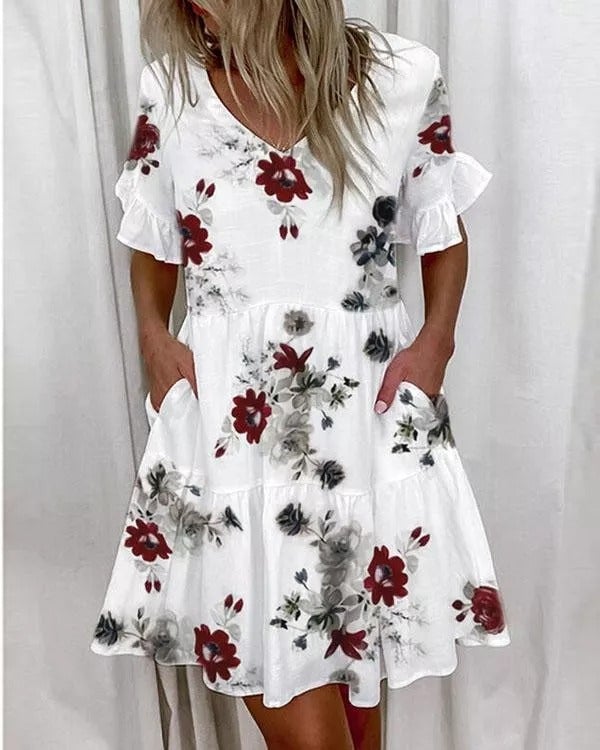 Women's 1/2 Sleeves V-Neck Mini Dress