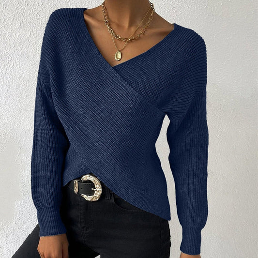 Trendy Long Sleeve Navy Plain Sweater