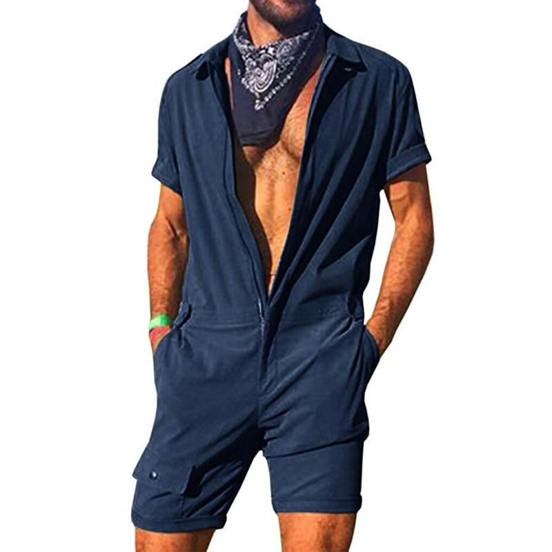 Men's Casual Solid Color Zipper Short Sleeve Jumpsuit 69241282Y
