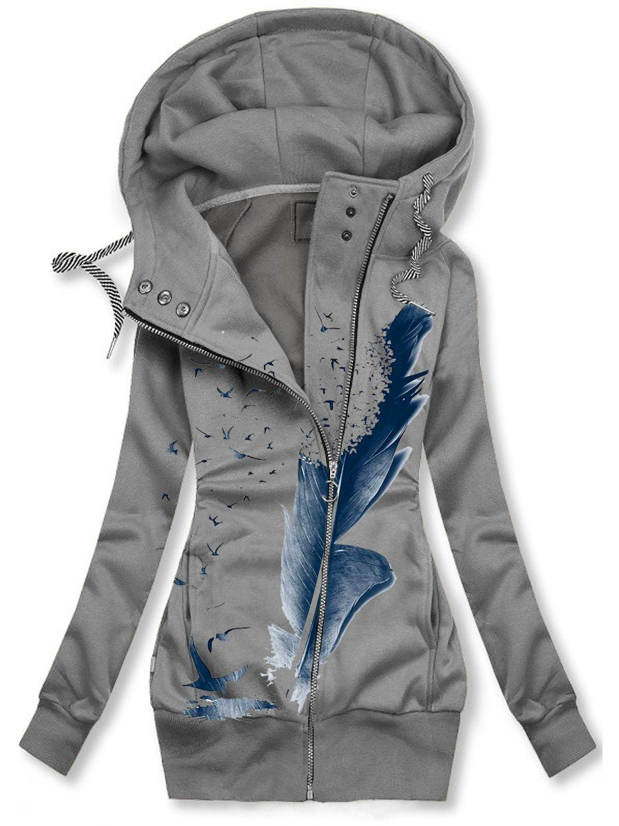 Women's Winter Feather Print Casual Track Jacket