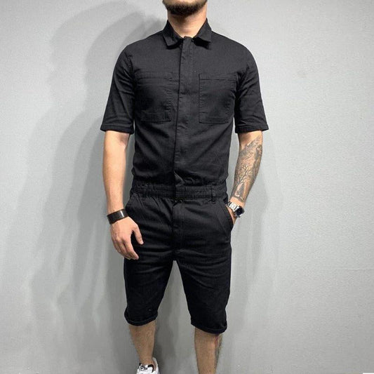 Men's Casual Solid Color Short Sleeve Jumpsuit 18558616Y