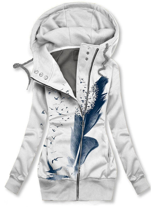 Women's Winter Feather Print Casual Track Jacket