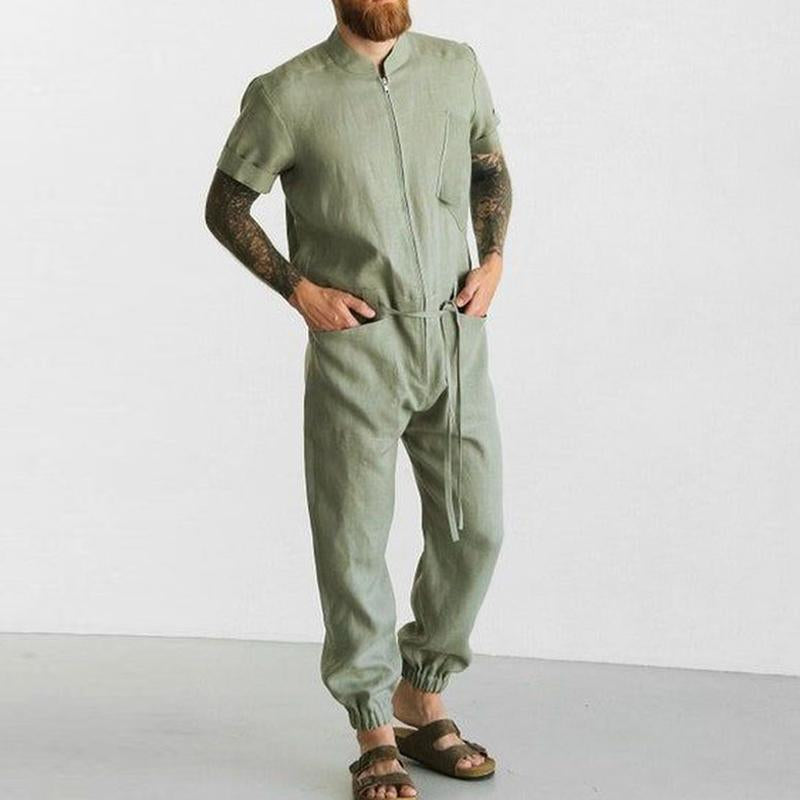 Men's Casual Solid Color Overalls Short-Sleeved Jumpsuit 11011571Y