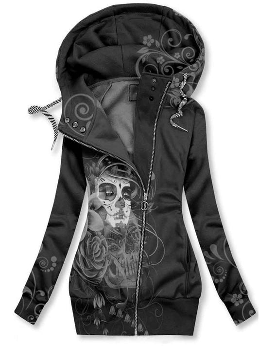 Women's Vintage Skull Floral Pattern Printed Hooded Sweatjacke