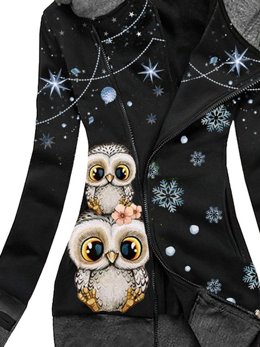 Women's Winter Snowflake Owl Casual Sweatjacken