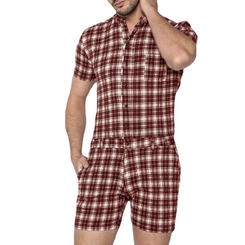 Men's Vintage Check Short Sleeve Jumpsuit 89353277Y