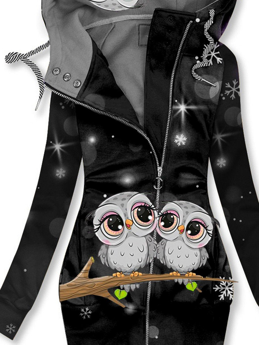 Women's Winter Owl Art Print Casual Track Jacket