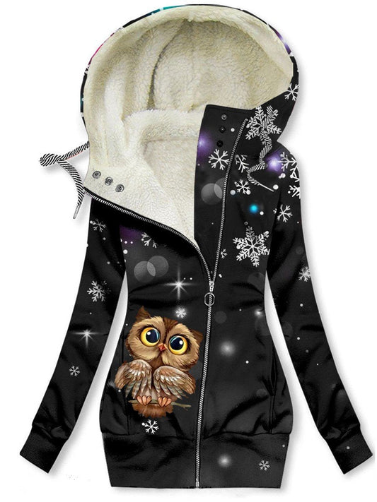Women's Winter Owl Print Casual Fleece Hoodie Sweatshirt