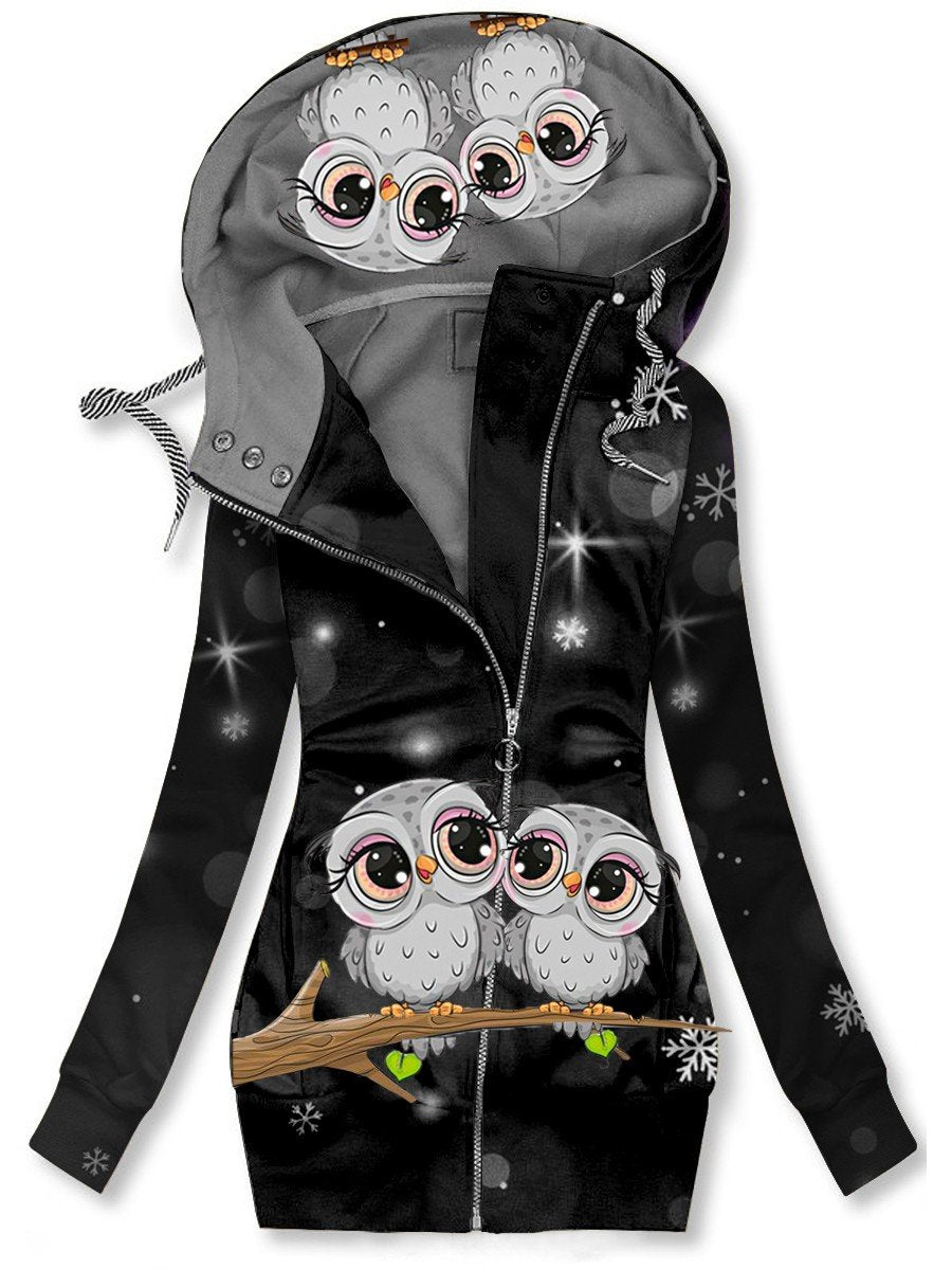 Women's Winter Owl Art Print Casual Track Jacket