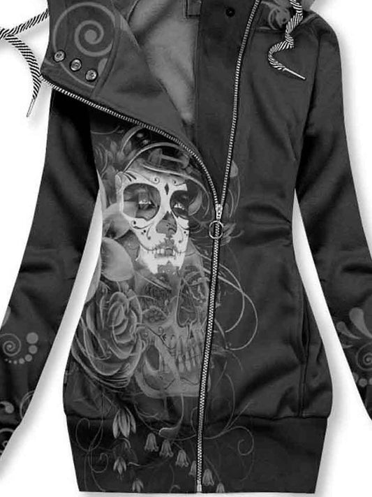 Women's Vintage Skull Floral Pattern Printed Hooded Sweatjacke