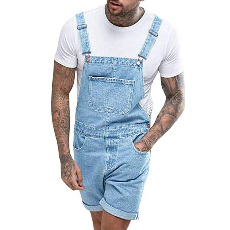 Men's Vintage Denim Ripped Cargo Shorts Jumpsuit Overall 65193363M