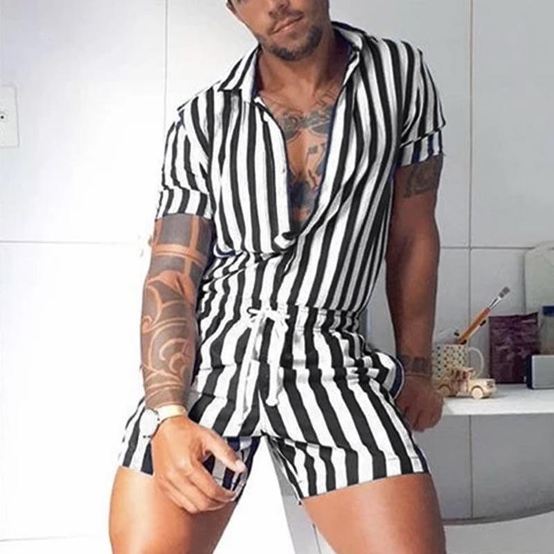 Men's Fashion Lapel Stripe Shorts Overall 00603333M