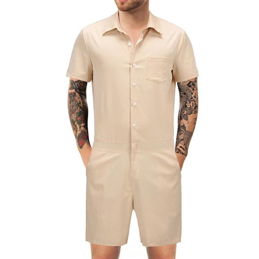 Men's Casual Solid Color Short-Sleeved Jumpsuit 64697127Y