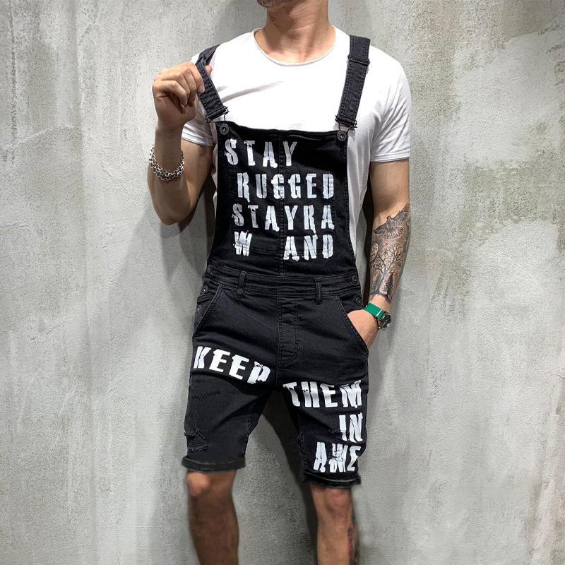 Men's Vintage Letter Print Ripped Denim Shorts Overalls 57767118Y