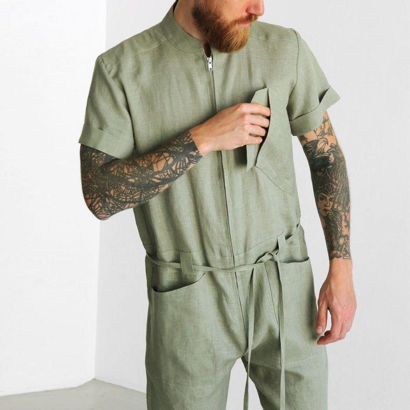 Men's Casual Solid Color Overalls Short-Sleeved Jumpsuit 11011571Y