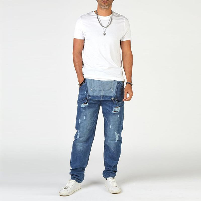 Men's Vintage Ripped High Waist Denim Overalls 61670124M