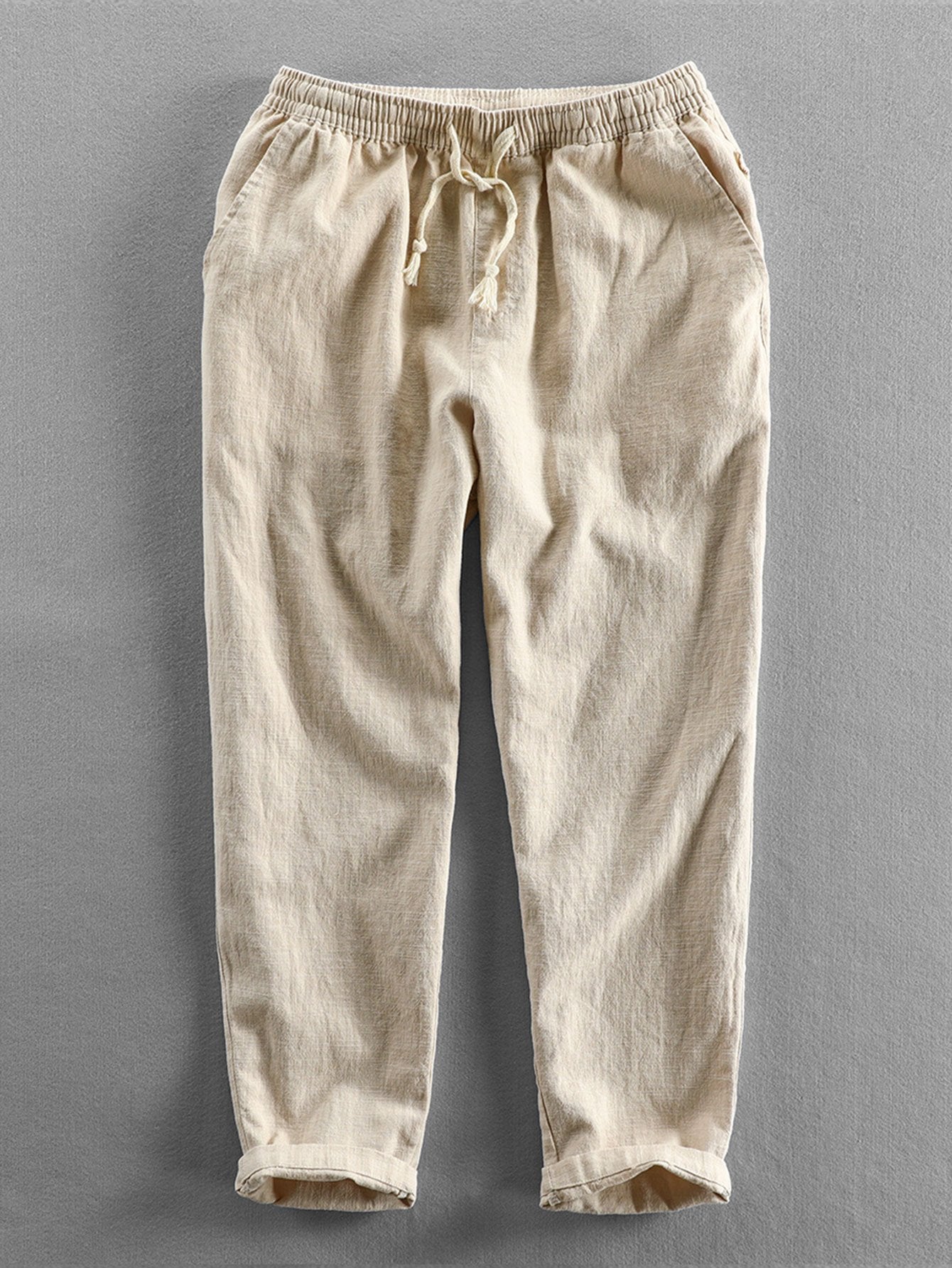 Linen Look Short Sleeve Stand Collar Shirt & Linen Cotton Blend Cropped Pants