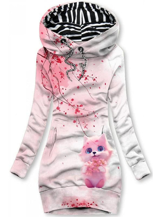 Women's Winter Pink Fox Print Casual Sports Hoodie