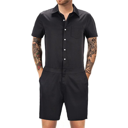 Men's Casual Solid Color Short-Sleeved Jumpsuit 64697127Y