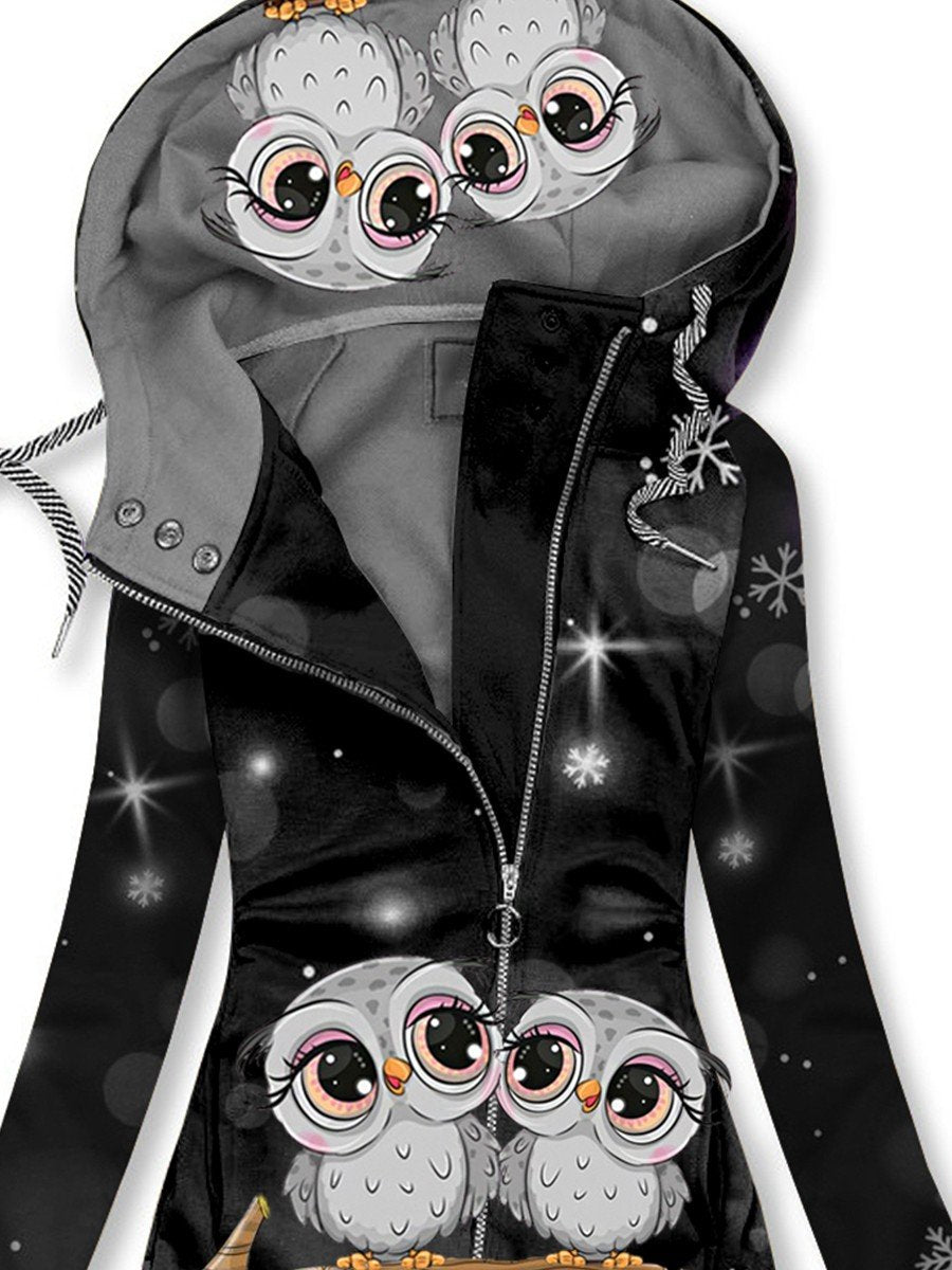 Women's Winter Owl Art Print Casual Track Jacket