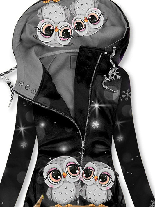 Women's Winter Owl Art Print Casual Track Jacket