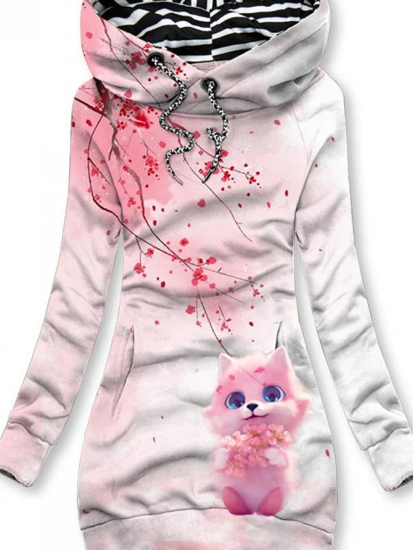 Women's Winter Pink Fox Print Casual Sports Hoodie