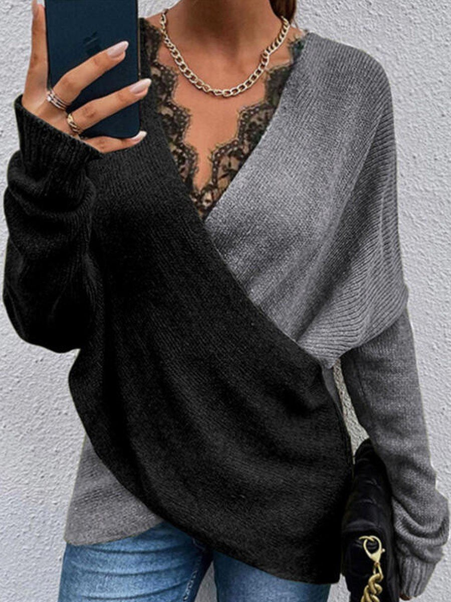Pullover mit V-Ausschnitt aus Spitze in Colorblock-Optik