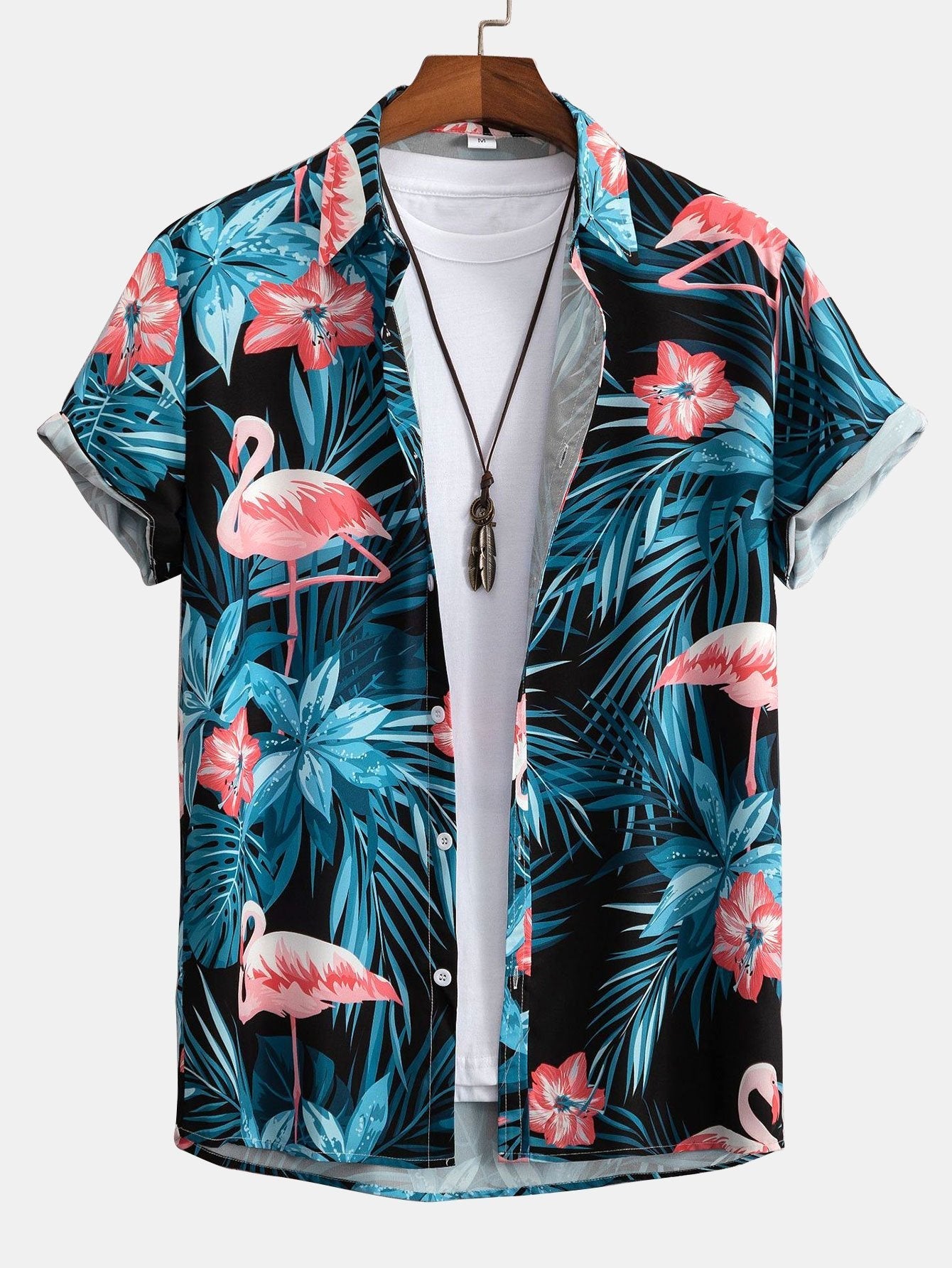 Flamingo Tropical Print Button Up Shirt & Short Length Swim Shorts