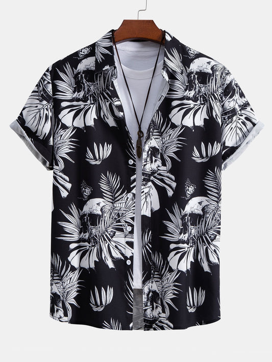 Skull Tropical Print Button Up Shirt & Swim Shorts