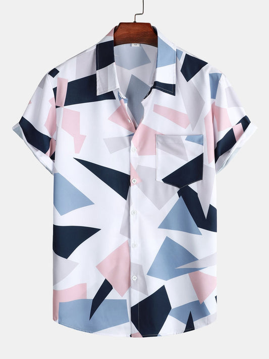 Geometric Print Button Up Shirt With Pocket & Short Length Swim Shorts