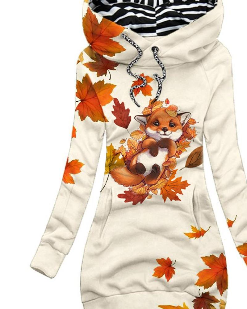 Women's Autumn And Winter Cute Fox Maple Leaf Casual Sweatshirt