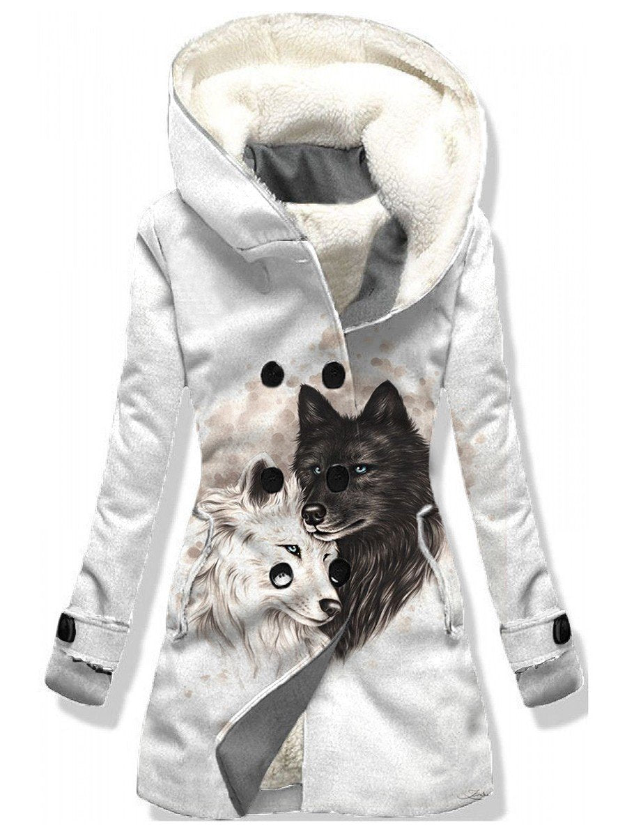 Women's Winter Wolf Pattern Casual Hooded Button Down Coat