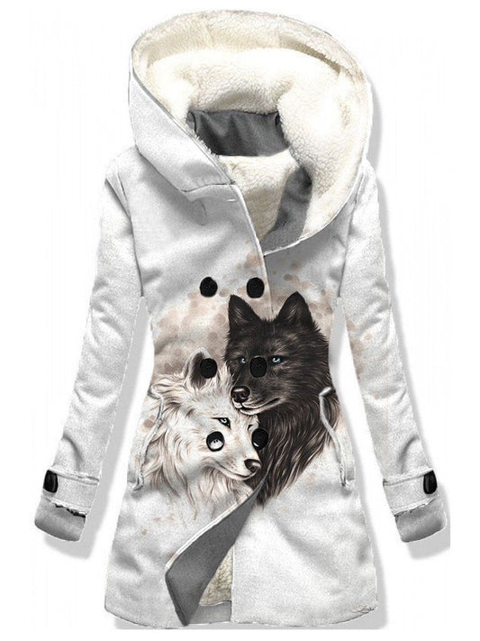 Women's Winter Wolf Pattern Casual Hooded Button Down Coat