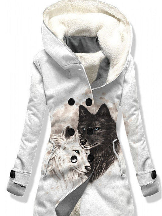 Women's Winter Wolf Pattern Casual Hooded Button Down Coat