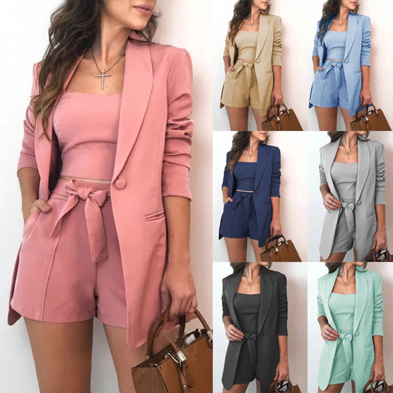 3pcs/Set Office Lady Outfits Long Sleeve Blazer Set Women Solid Color Blazer Coat Shorts Vest Set Woman