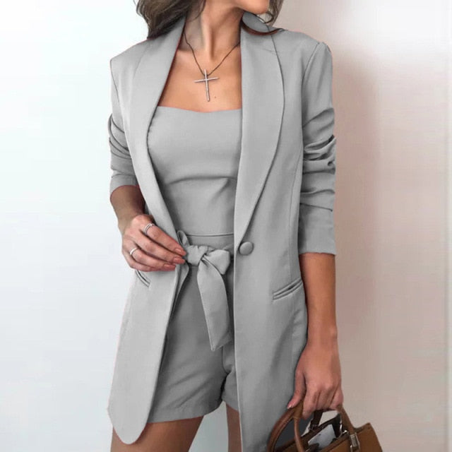 3pcs/Set Office Lady Outfits Long Sleeve Blazer Set Women Solid Color Blazer Coat Shorts Vest Set Woman