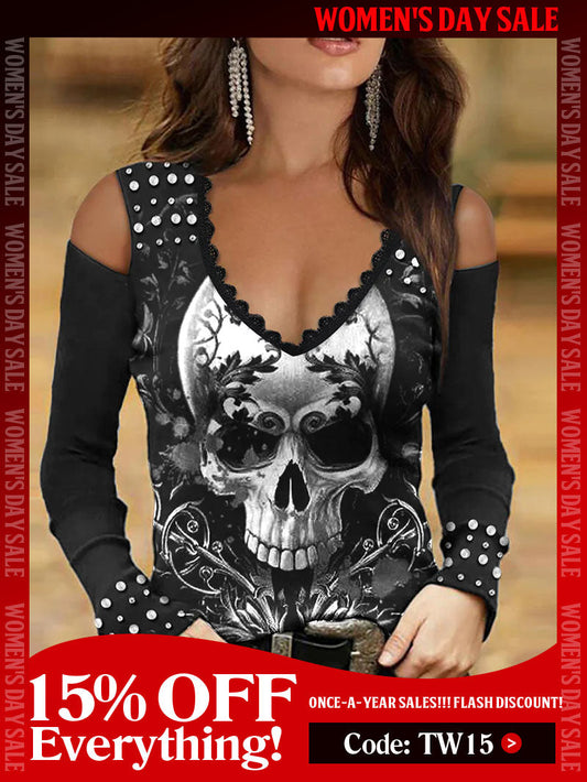 Cold Shoulder Skull Gothic Laced T-Shirt