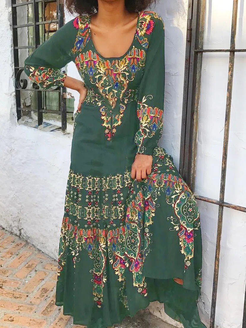 Women's Dresses Vintage Print Crew Neck Long Sleeve Dress - Maxi Dresses - Instastyled | Online Fashion Free Shipping Clothing, Dresses, Tops, Shoes - 02/03/2022 - color-black - color-blue