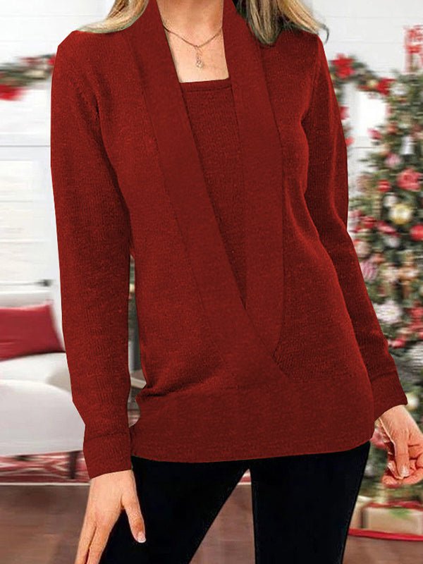 Women's Sweaters Solid Long Sleeve Fake Two-Piece Knit Sweater - Sweaters - Instastyled | Online Fashion Free Shipping Clothing, Dresses, Tops, Shoes - 03/11/2022 - Color_Black - Color_Blue